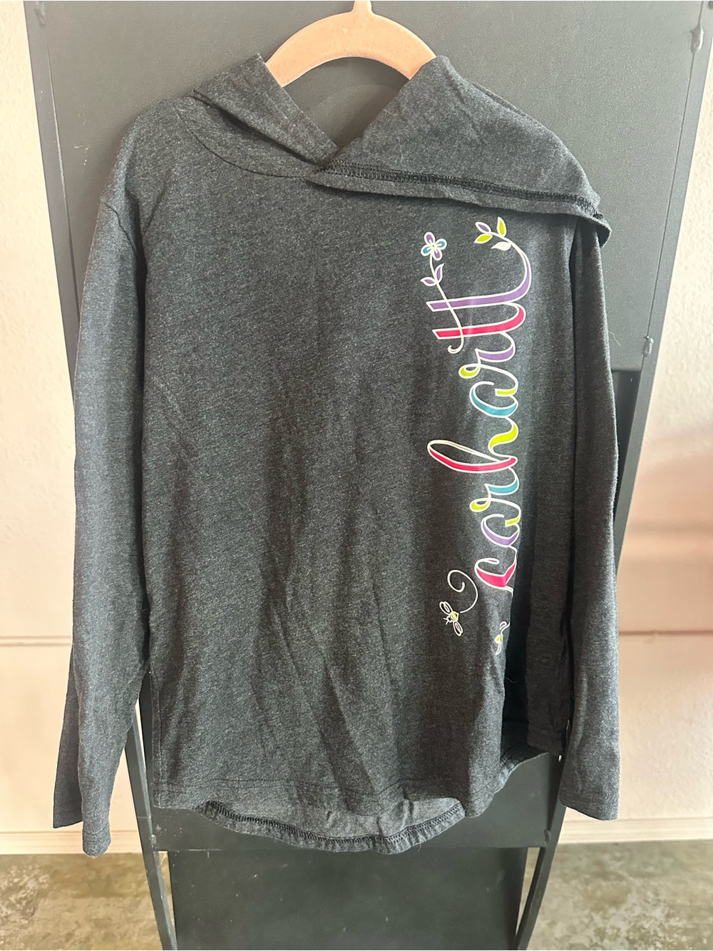 Carhartt Girls' Dark Gray Hooded Long Sleeve Top with Rainbow Script
